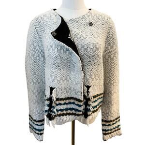 Leo & Sage Women's Striped Sweater Jacket Off White Size Large Wool Art to Wear